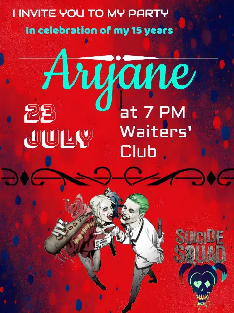 Invitation Harley Quinn Suicide Squad Comics – Kids' Birthday Party theme colorful, comics, superheroes, themed, vibrant