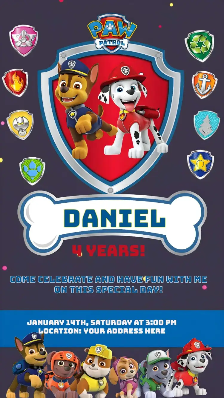 Invitation Paw Patrol Kids – Kids' Birthday Party theme blue, playful, fun, themed, colorful