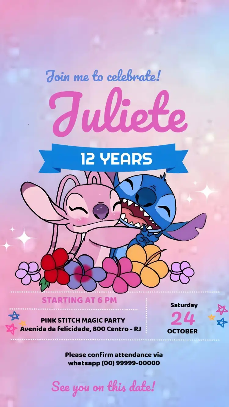 Invitation Stitch Pink Girl Child – Most searched for theme pink, fun, modern, colorful, Disney-themed, childish