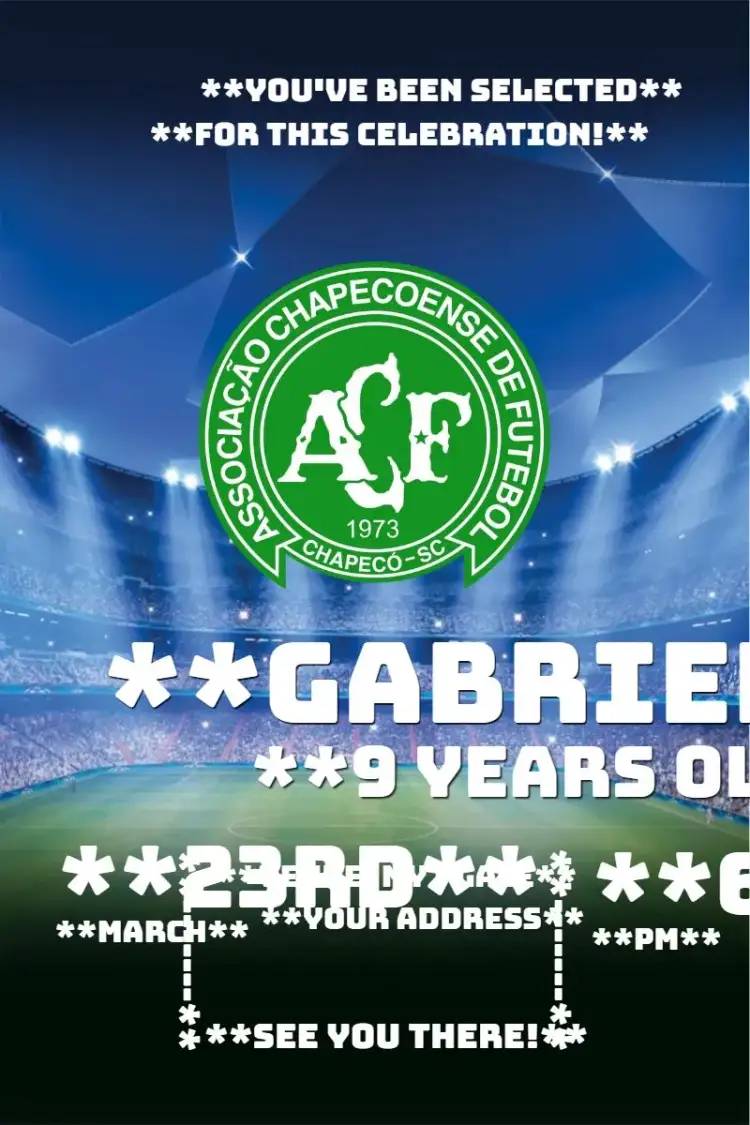 Invitation Chapecoense 2 – Birthday theme soccer, green and white, contemporary, fun, sporty