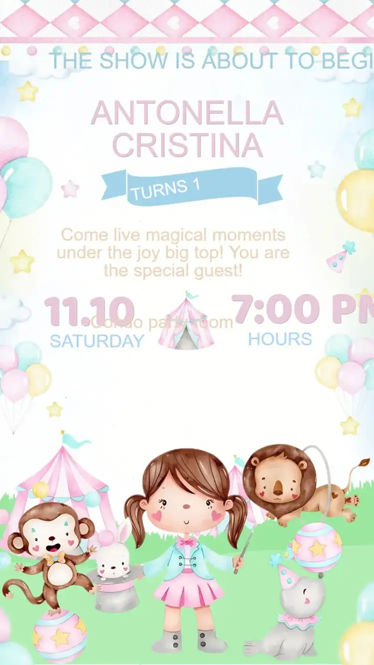 Pink Watercolor Circus Birthday Invitation