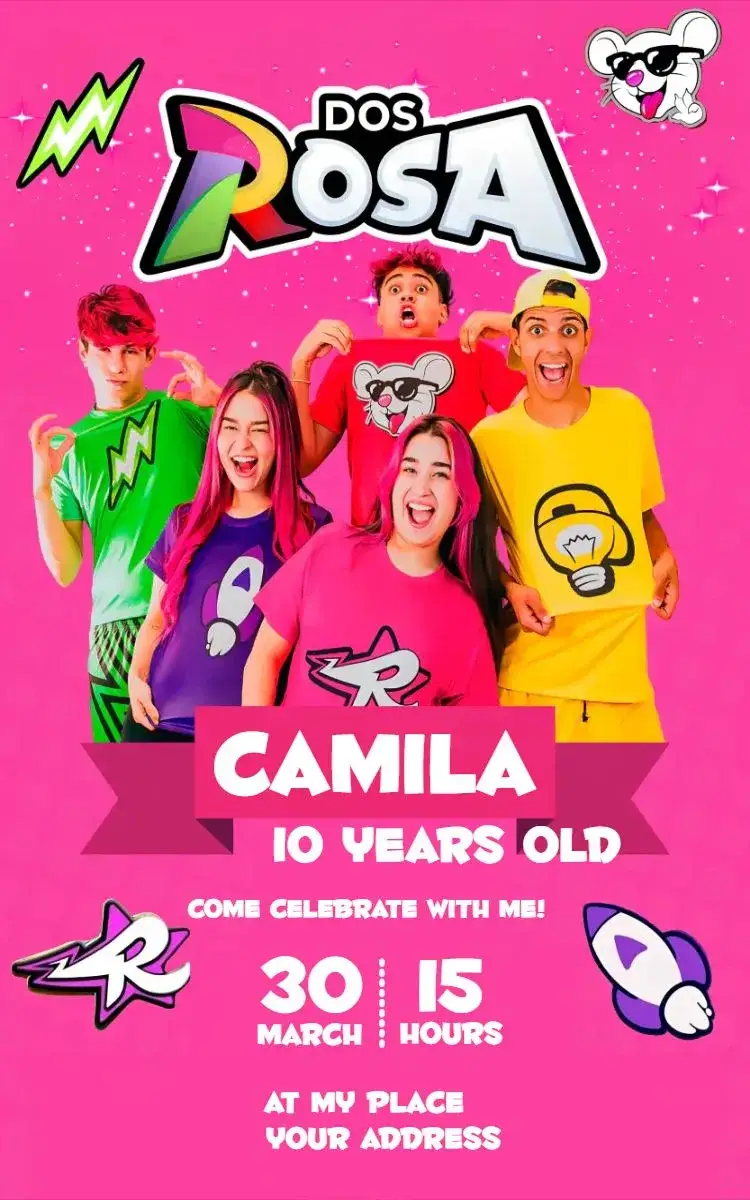 Invitation Emily Vick 3 – Birthday theme pink, fun, childish, colorful, themed party