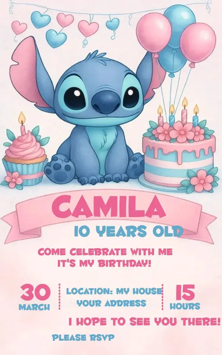 Invitation Stitch 4 – Birthday theme pink colors, playful style, graphic elements of characters, childish design, party theme