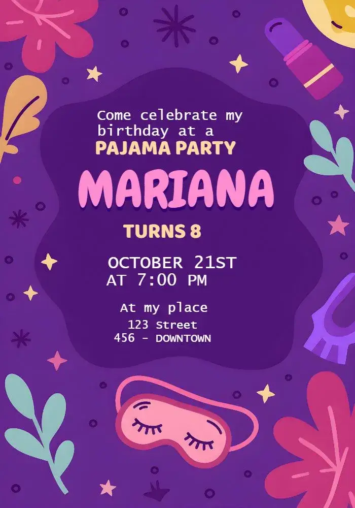 Invitation Colorful Pajama Party – Most searched for theme colorful, fun, playful, modern, bright