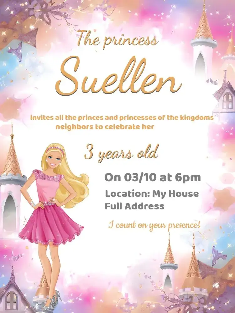 Invitation Barbie Castle – Birthday theme pink, white, princess, castle, sparkles, children's party