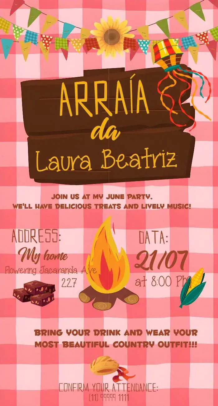 Invitation Arraiá Festa Junina Bonfire – Commemorative Dates theme colorful, rustic, traditional, vintage, festive, cultural