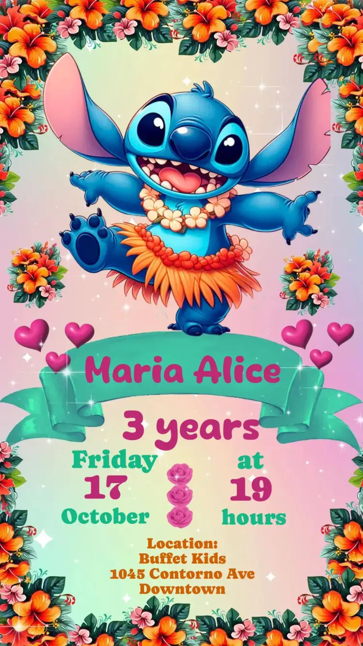 Invitation Stitch – Kids' Birthday Party theme colorful, fun-filled, themed, childlike, cheerful, cartoonish