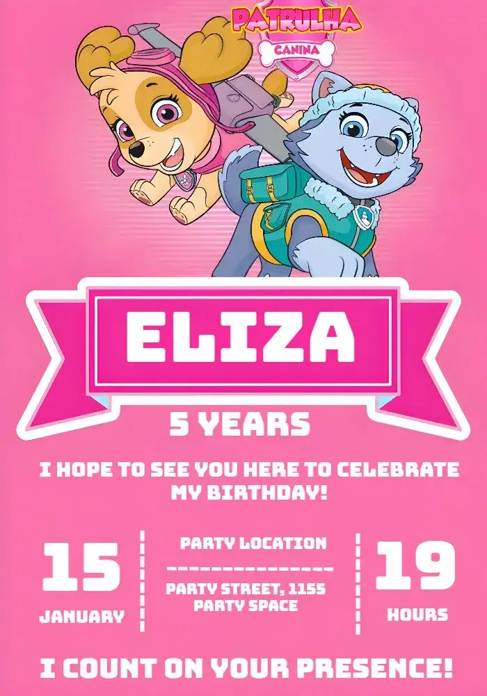 Invitation Pink Paw Patrol – Kids' Birthday Party theme pink and pink, playful, fun, children's theme, colorful, modern