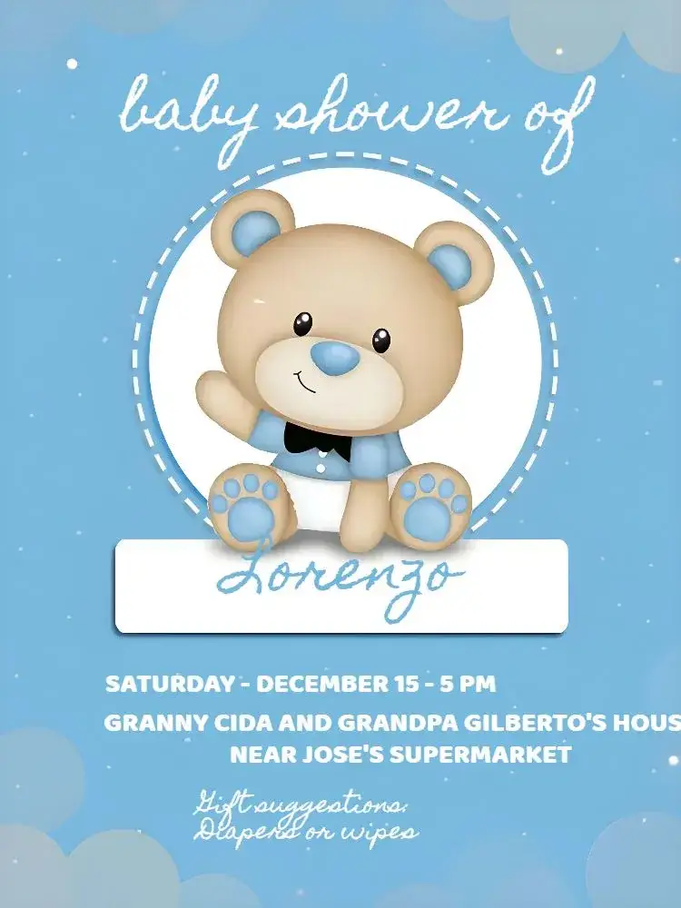 Invitation White Teddy Bear Baby Shower – Gender Reveal theme blue and white, teddy bears, cute, delicate, modern