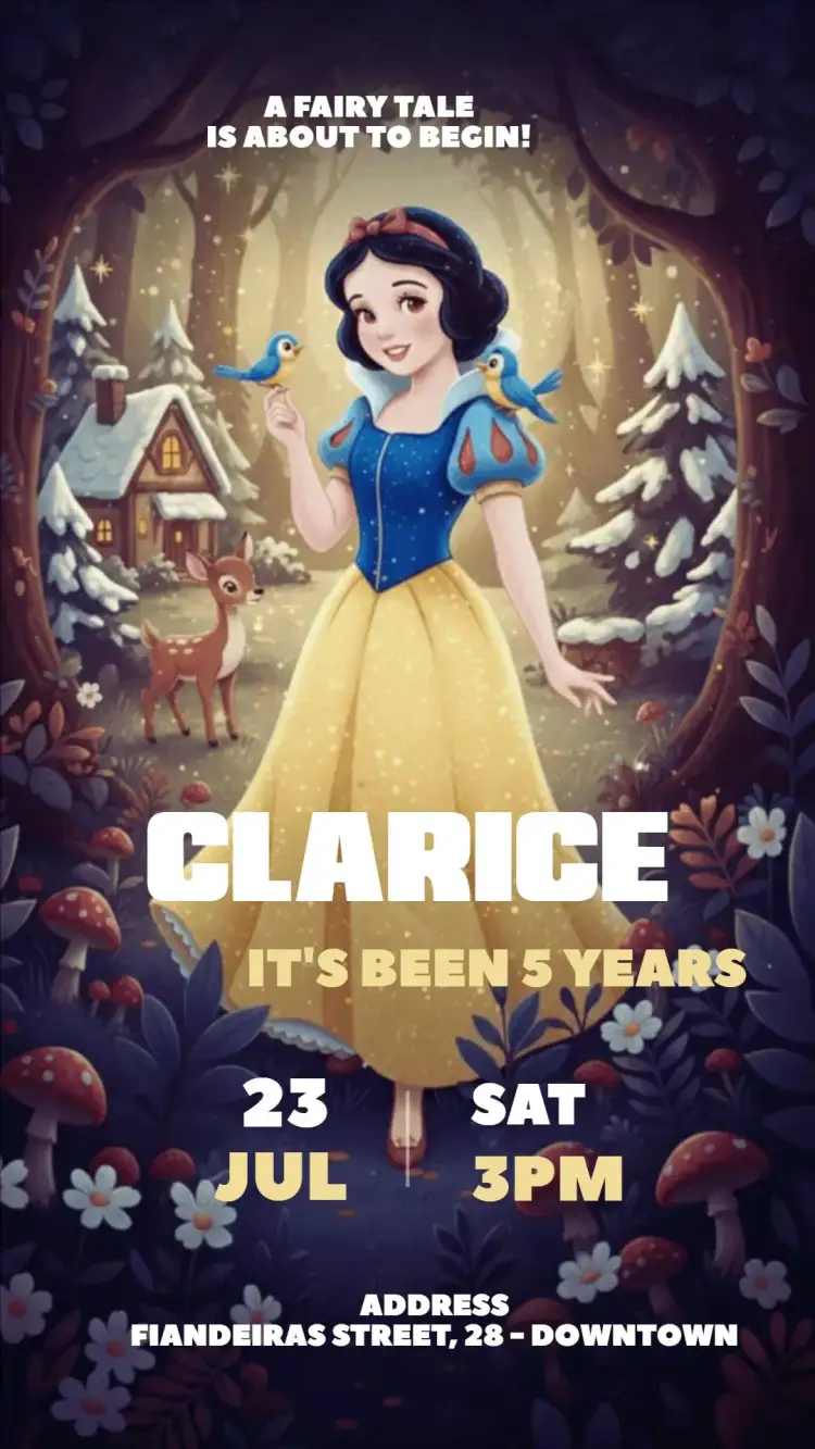 Invitation Snow White Digital Invitation – Kids' Birthday Party theme magical forest, soft colors, delicate elements, enchanted style, vintage, feminine