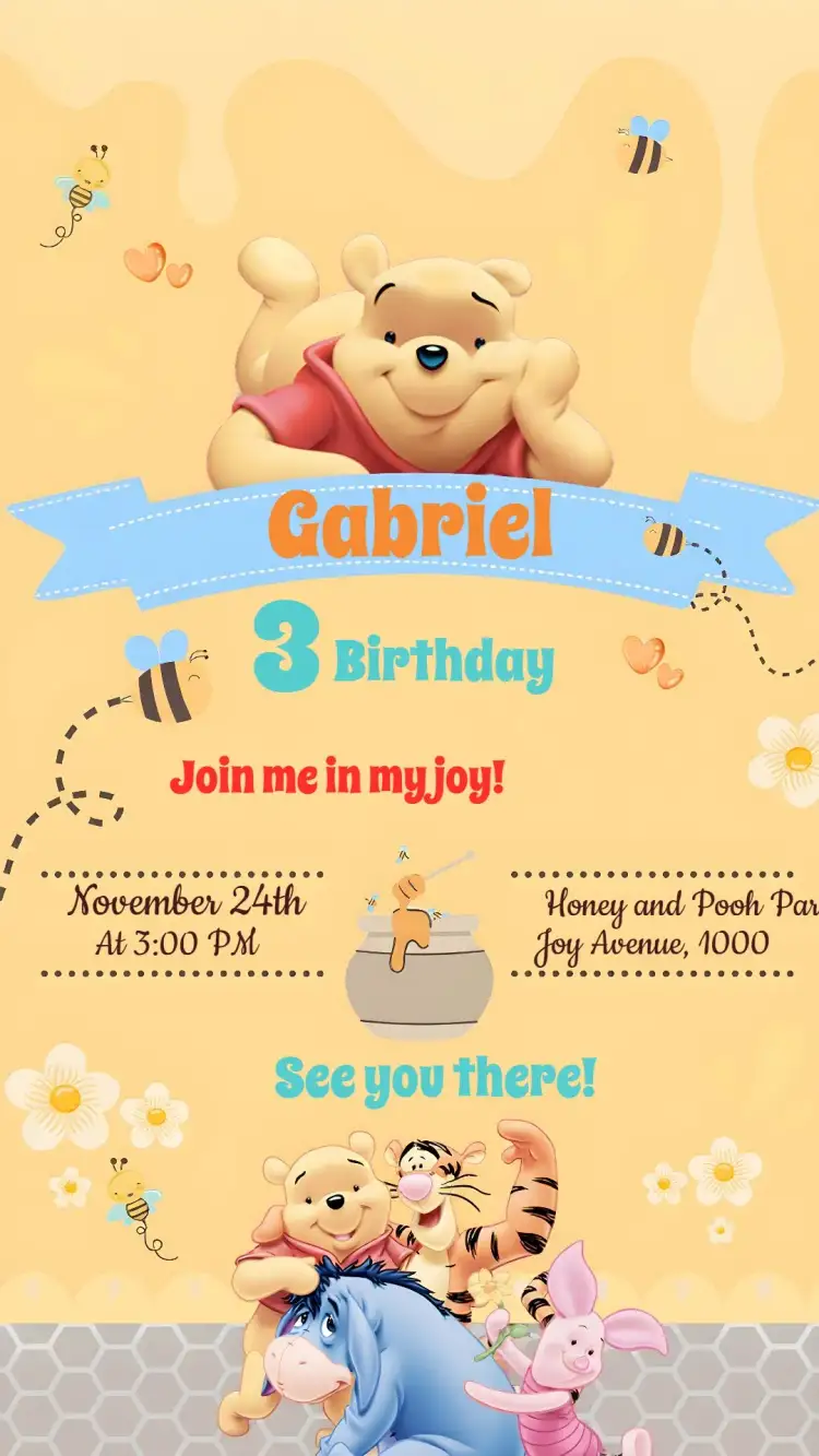 Invitation Winnie the Pooh Bee – Most searched for theme colorful, fun, childish, playful, themed, nature-themed