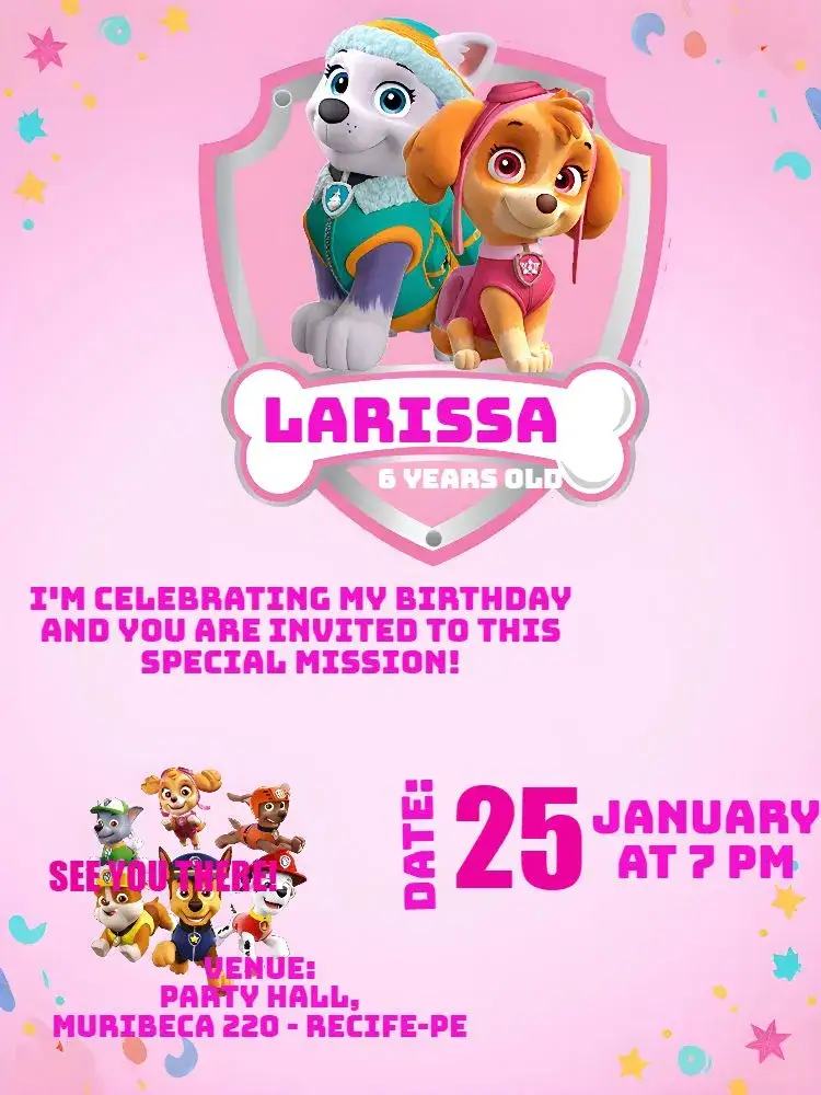 Invitation Pink Paw Patrol – Kids' Birthday Party theme vibrant colors, fun style, Paw Patrol graphic elements, adventure theme, childlike style