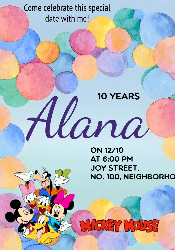 Invitation The Mickey Mouse Disney Gang – Kids' Birthday Party theme colorful, watercolor, childlike, themed, fun
