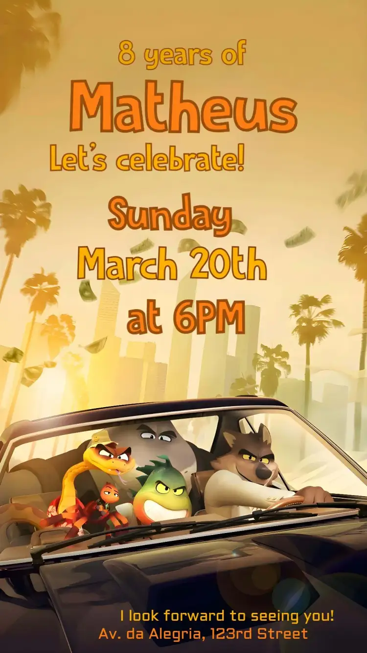 Invitation The Bad Guys 2 – Sweet 15 theme orange, modern, fun, youthful, themed