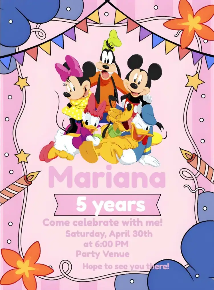 Invitation Mickey Mouse Girl Gang – Kids' Birthday Party theme vibrant colors, fun style, animated characters, pink theme, playful graphic elements, childlike aesthetic