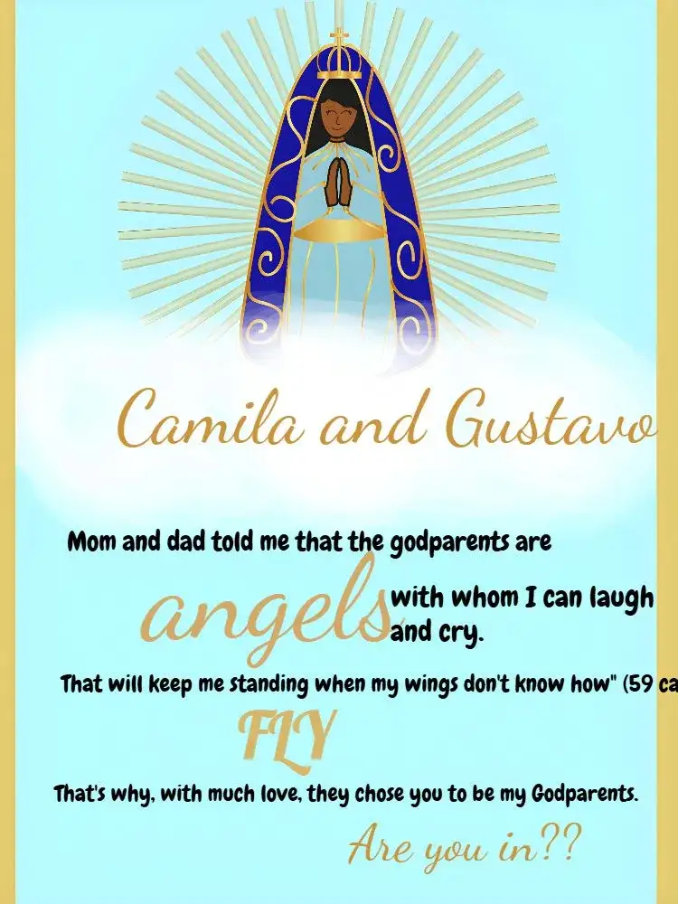 Invitation Para Godparents Our Lady of Aparecida Baptism – Baptism theme blue, white, golden, Catholic, clouds, modern
