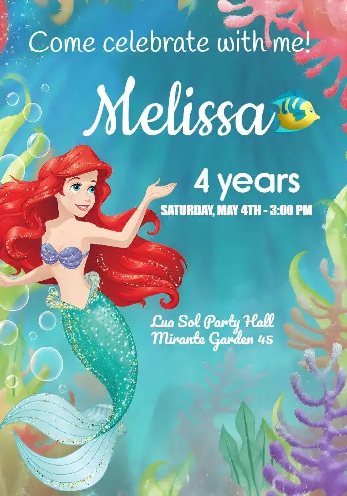 Invitation Ariel's Undersea Adventure with Sebastian – Most searched for theme sea colors, glitter, Disney characters, playful style, marine elements, vibrant design