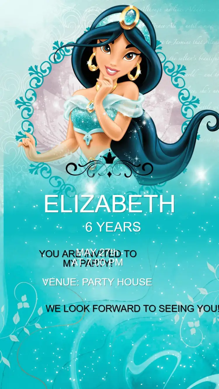 Invitation Princess Jasmine Birthday Invitation – Kids' Birthday Party theme colorful, playful, Disney-inspired, elegant, magical