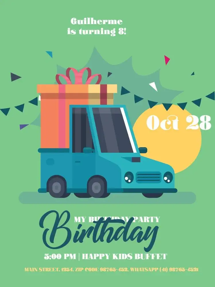 Invitation Green Boy Cars – Kids' Birthday Party theme playful, green, modern, lively, childlike