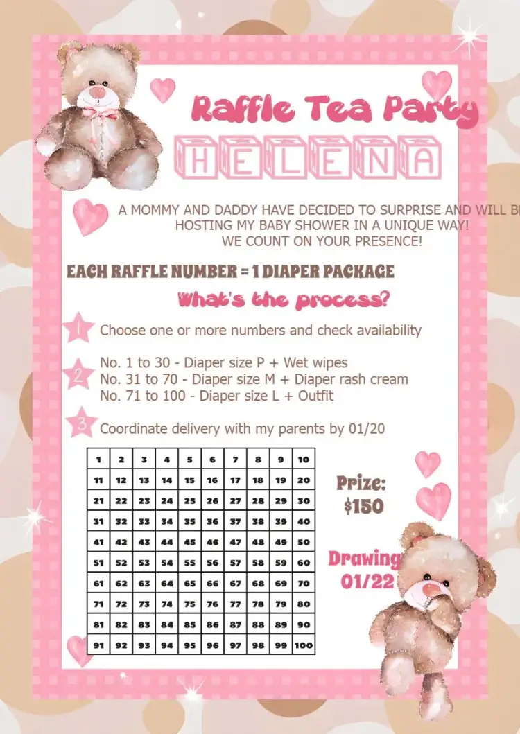 Invitation Diaper Raffle Tea Little Bear – Raffle Tea theme pink, lilac, children's, teddy bear, castle, colorful