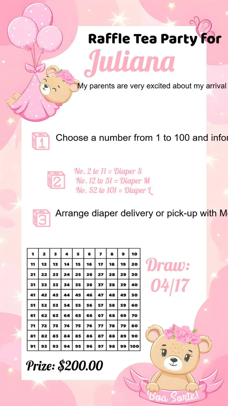 Invitation Teddy Bear Diaper Raffle Tea Party – Raffle Tea theme floral, pink, delicate, childlike, modern