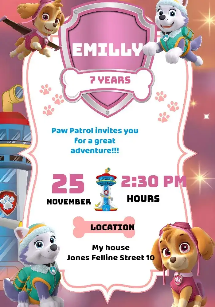 Invitation Skye And Everest Paw Patrol Girl – Kids' Birthday Party theme vibrant colors, fun style, Paw Patrol graphic elements, children's theme, colorful illustrations