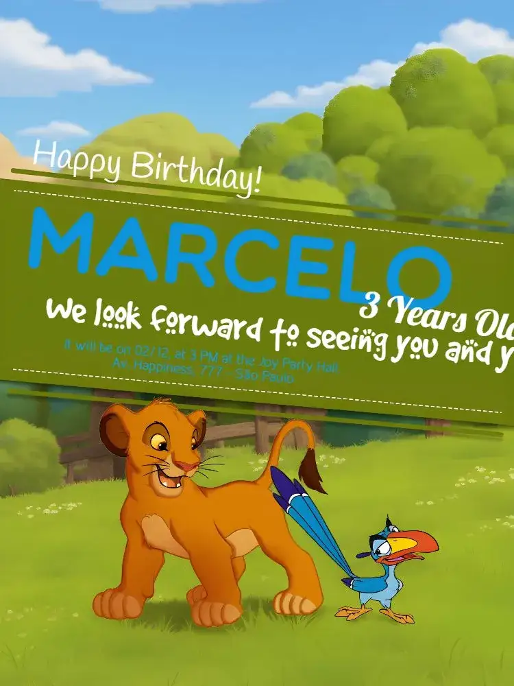 Invitation Blue Lion King – Kids' Birthday Party theme blue, green, animal-themed, fun, playful, colorful