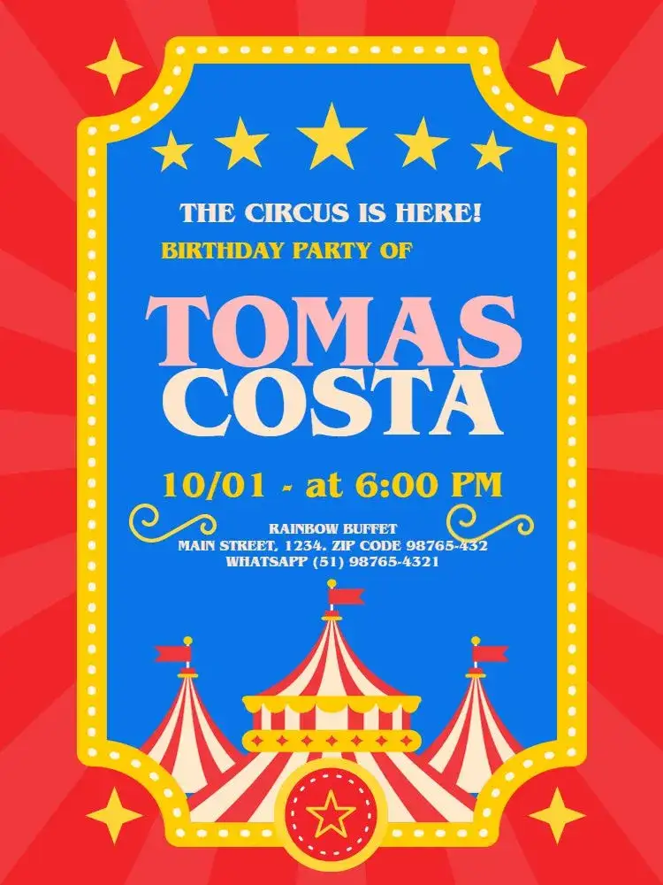 Invitation Red Playful Circus – Kids' Birthday Party theme red, blue, playful, fun, colorful, themed