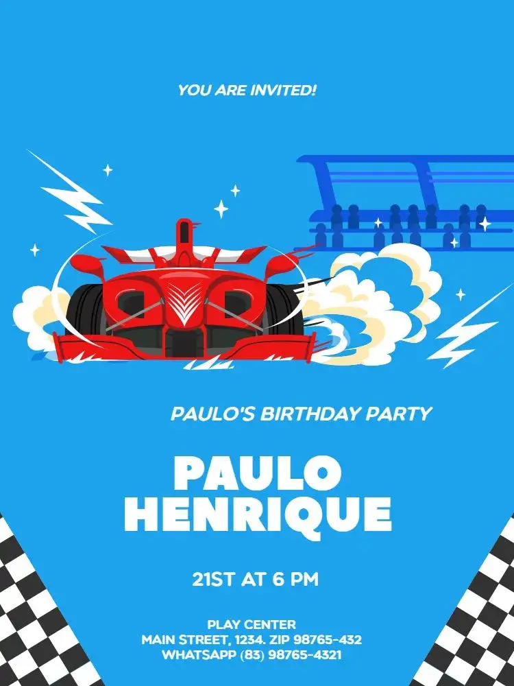 Invitation Race Cars Party – Kids' Birthday Party theme carts, racing, blue, playful, masculine