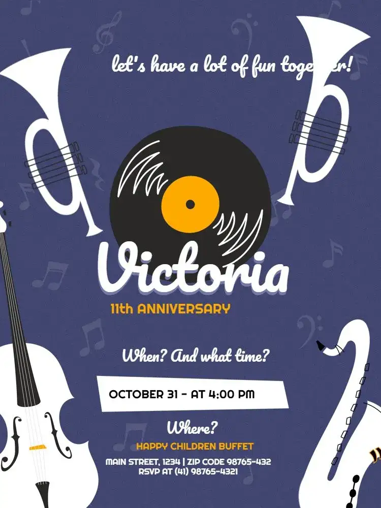 Invitation Musical Purple Musical Instruments – Kids' Birthday Party theme musical, purple, fun, classic, childish