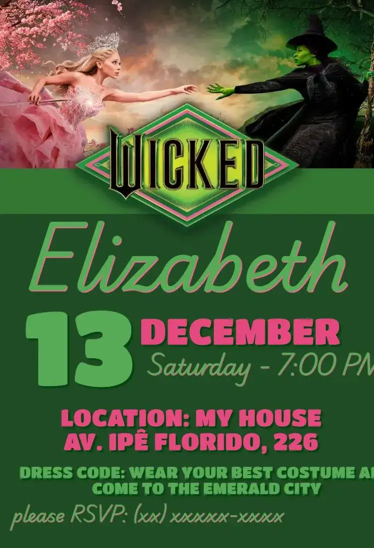 Invitation Glinda and Elphaba's Wicked Birthday – Birthday theme magical, theatrical, vibrant, fantasy, colorful