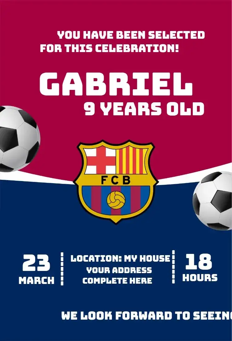 Invitation Barcelona 1 – Birthday theme football, modern, colorful, sporty, dynamic, thematic