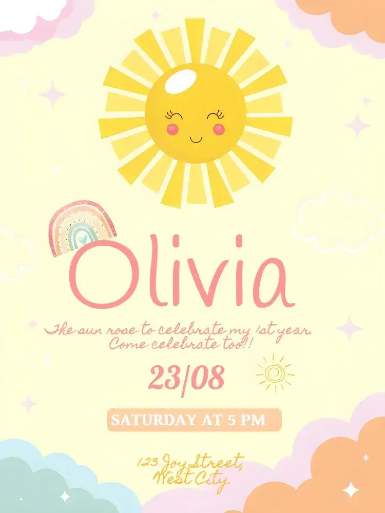 Invitation Sunbeam Starlight – First Communion theme colorful, vibrant, sunlight, rainbow, stars, childlike