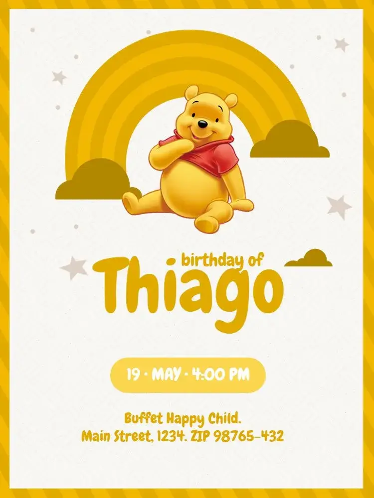 Invite Yellow Pooh Bear 1st Birthday editable and customizable