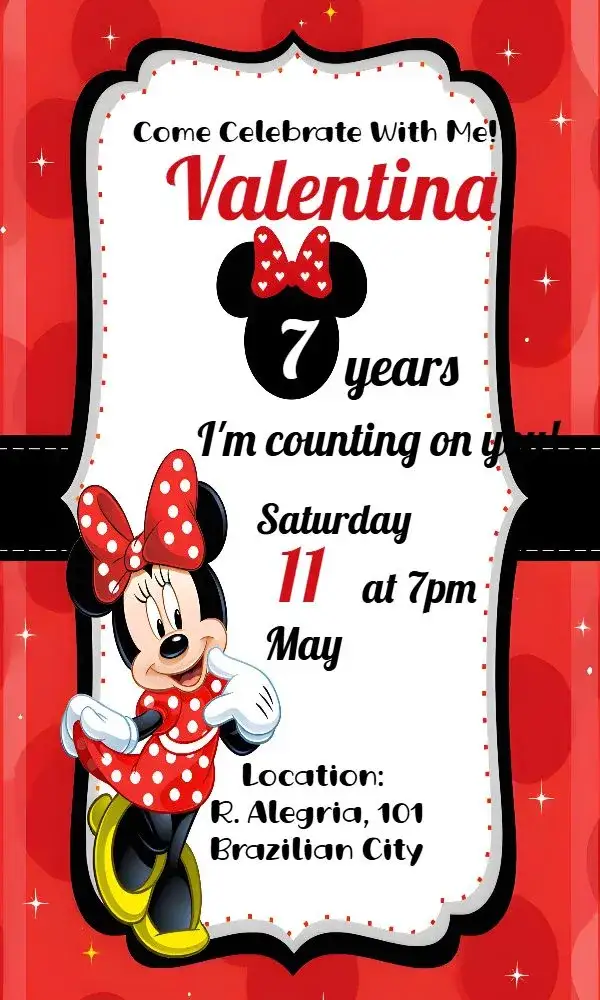 Invitation Minnie Mouse Heart – Most searched for theme red, black, fun, childish, Disney theme, heart