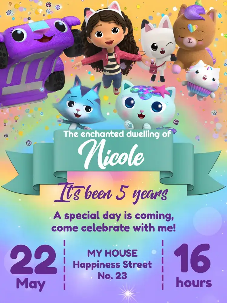 Invitation The Magical House of Gabby Fairy – Most searched for theme colorful, fantasy-themed, magical, childlike, rainbow-colored, playful