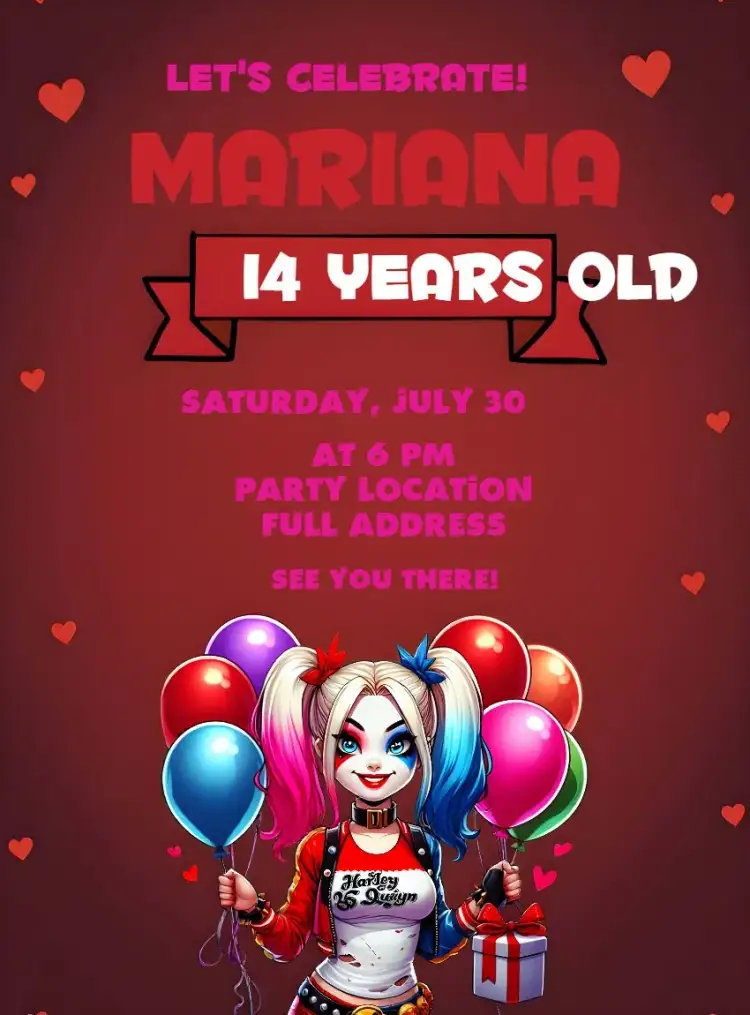 Invitation Harley Quinn – Kids' Birthday Party theme vibrant colors, fun style, DC graphic elements, modern design, superhero theme, pop art style