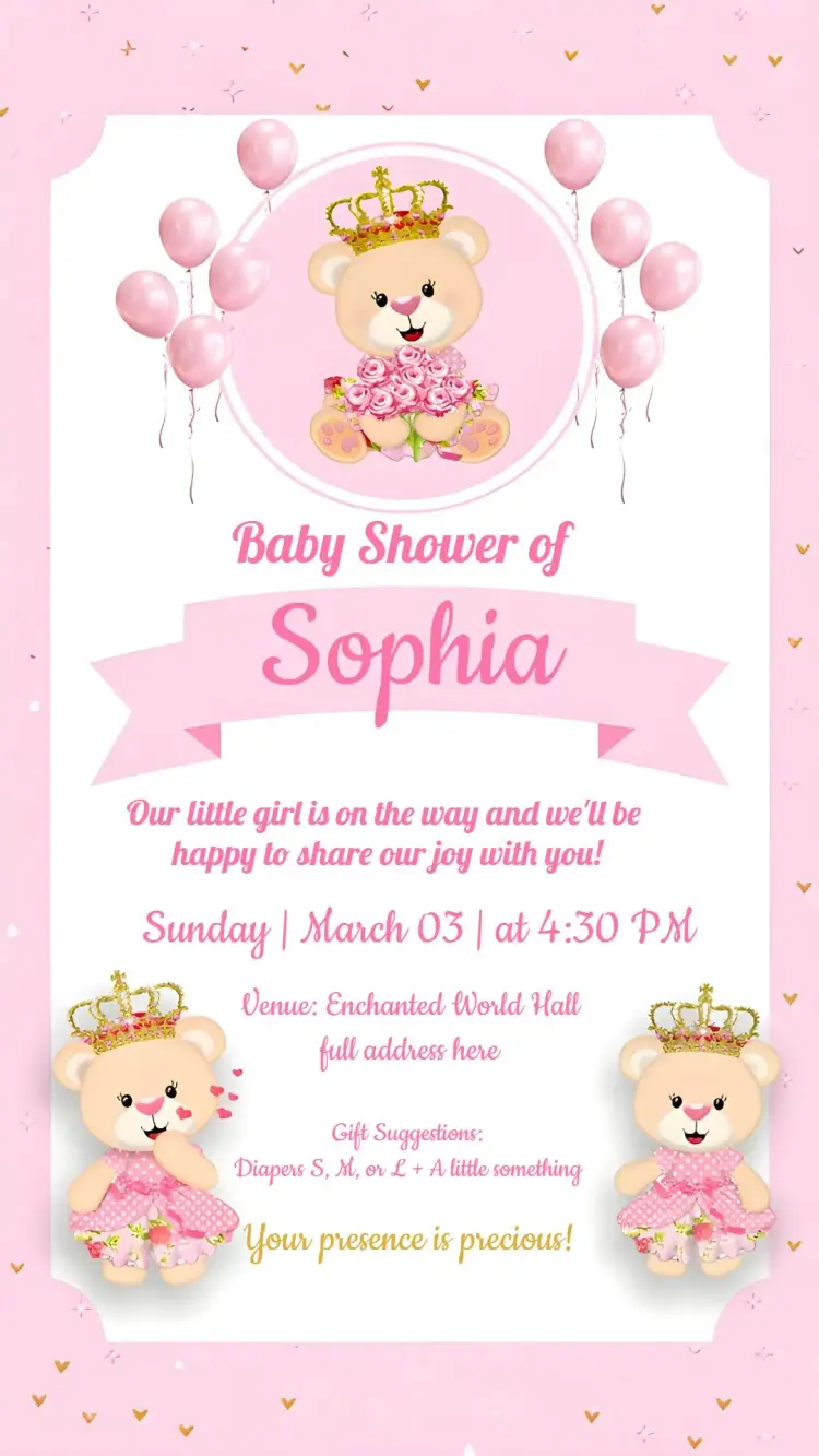 Invite Princess Pink Bear Diaper Shower editable and customizable