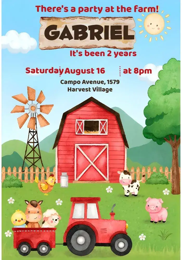 Invitation Aquarela Farm – Most searched for theme watercolor, rural, red, colorful, playful, fun