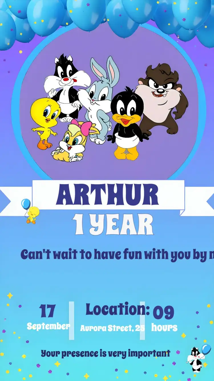 Invitation Looney Tunes Baby Tasmania – Commemorative Dates theme colorful, childlike, fun, lively, classic characters, blue and white