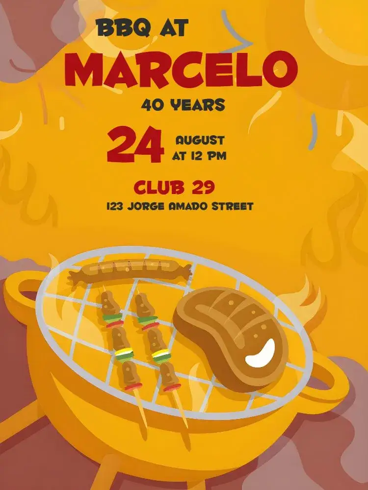 Invitation Adult BBQ – Birthday theme black and yellow, vibrant red, modern style, cheerful graphic design, dark background, barbecue theme