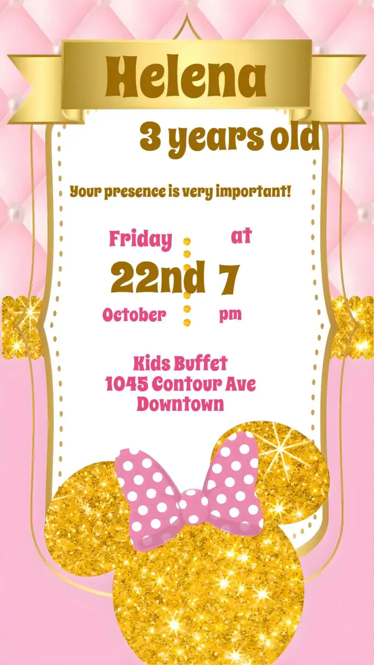 Invitation Minnie – Kids' Birthday Party theme colorful, fun-filled, childish, luxurious, themed, sparkling