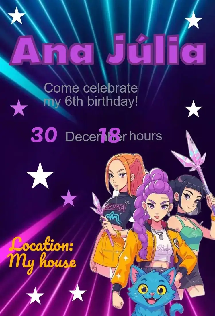 Invitation Invitation to Guerreiras do K-Pop Birthday – Kids' Birthday Party theme colorful, cheerful, contemporary, fun-filled, musical, K-Pop inspired