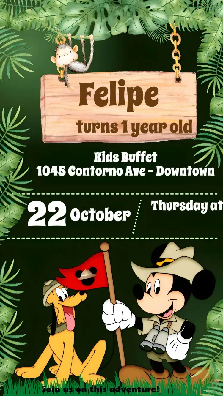Invitation Mickey – Kids' Birthday Party theme safari, colorful, fun, childlike, Disney