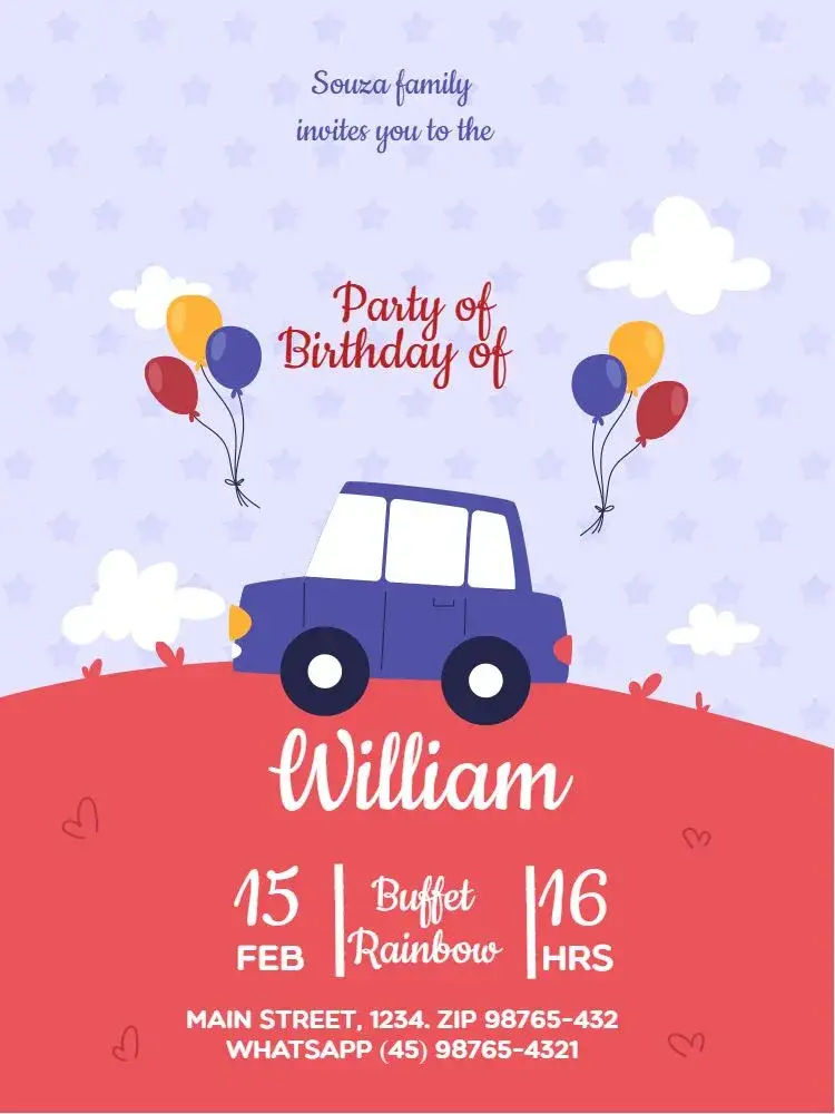 Invitation Red Star Cars – Kids' Birthday Party theme playful, colorful, modern, childlike, fun
