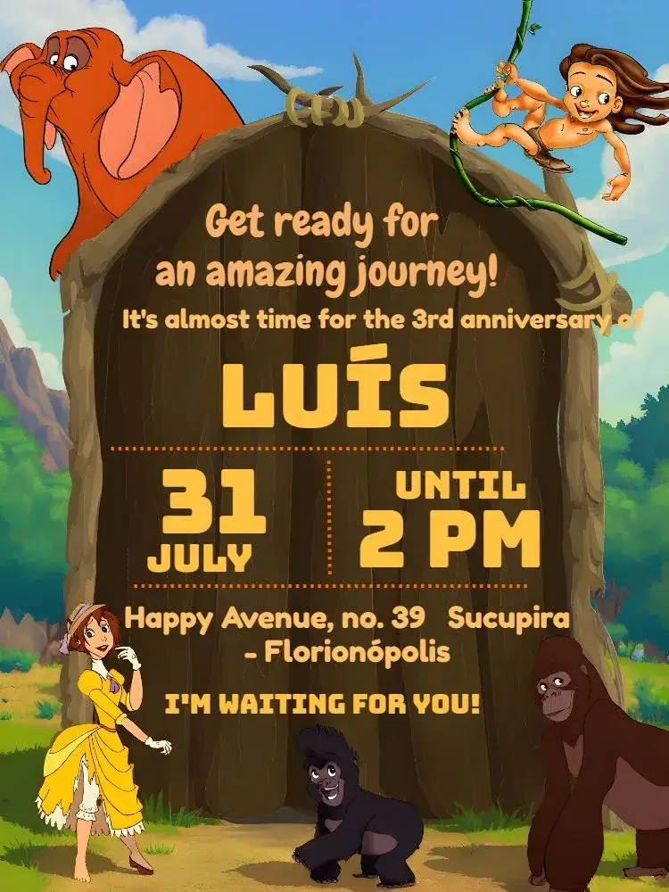 Invitation Brown Tarzan – Kids' Birthday Party theme natural, colorful, adventure, animals, tropical, fun