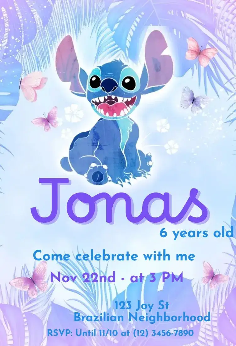 Invitation Purple Stitch – Kids' Birthday Party theme lilac, fun, colorful, themed, modern, childish