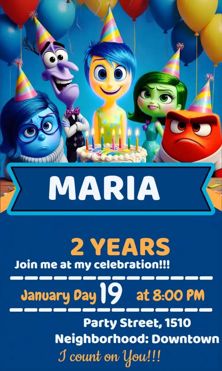 Invitation Fun Inside Out Feelings Birthday – Most searched for theme vibrant colors, playful style, animated graphic elements, colorful design, emotional theme, movie-inspired