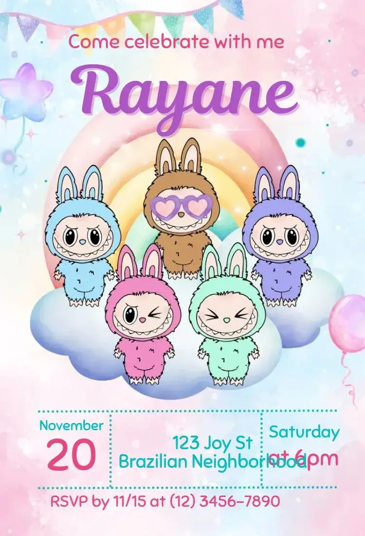 Invitation Labubu – Kids' Birthday Party theme colorful, playful, fun, modern, childlike