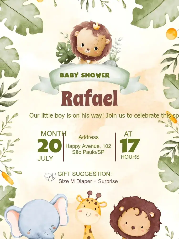 Invitation Safari Baby Shower – Diaper Shower theme safari, colorful, animals, children's, fun, tropical